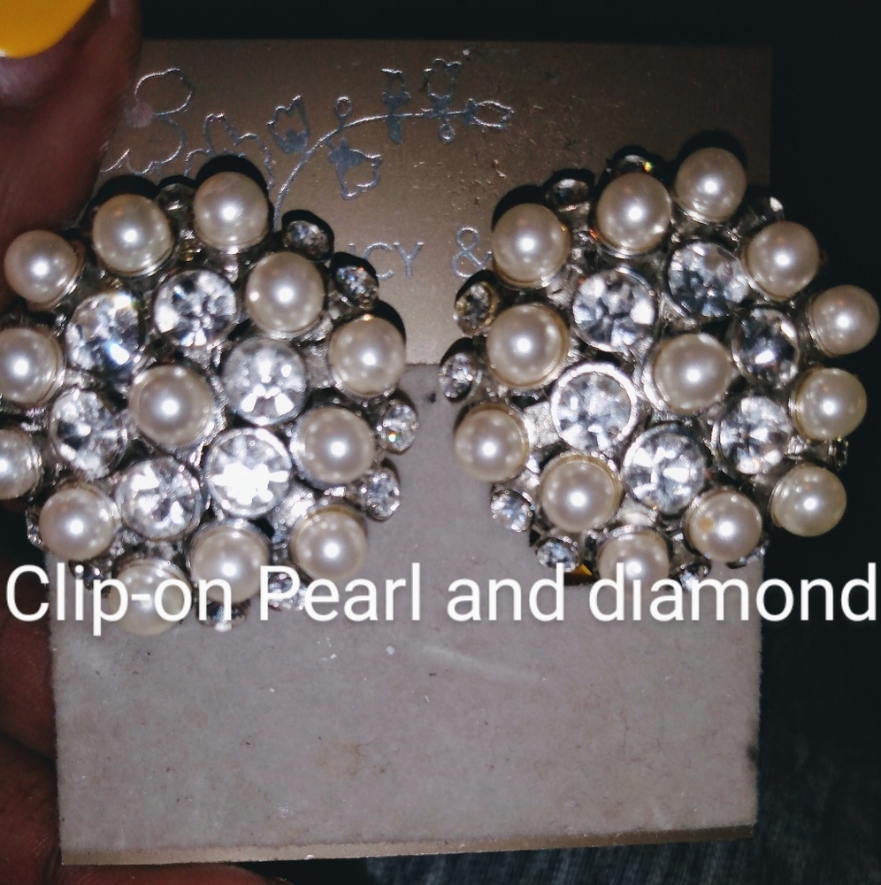 Clip on Pearl and diamond earrings